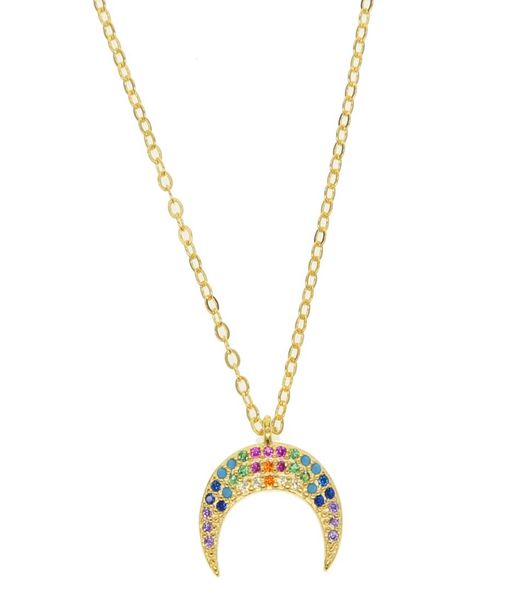

2018 new arrived jewelry for christmas gift rainbow cz colored stone crescent moon hord charm 925 sterling silver pendant necklace5687462