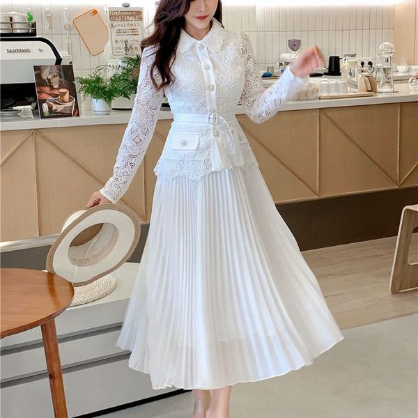 

new s-elf portrait lace doll collar fake two piece white pleated dress, Black;gray