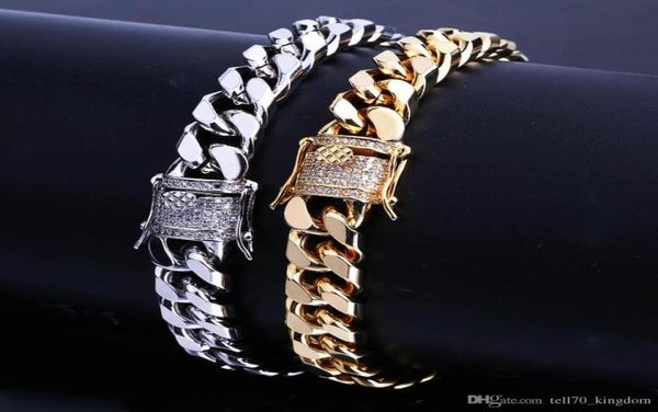 

10mm miami cuban link iced out gold silver bracelets hip hop bling chains jewelry mens bracelet5386565, Golden;silver