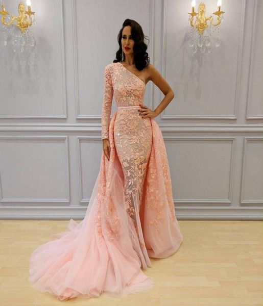 

sparkly overskirt mermaid formal dresses evening wear one shoulder long sleeve lace evening gowns sweep train tulle sequined prom 3787340, Black;red