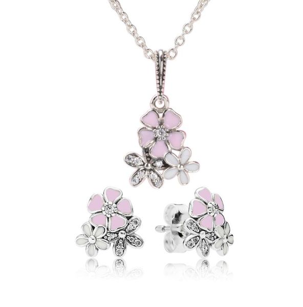 

authentic 925 sterling silver pink enamel flower pendant necklace earring set with box for jewelry womens earrings1244675