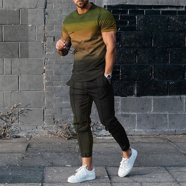 

mens tracksuits tshirt pants tracksuit abstract gradient 3d print t shirts trousers sets 2 pieces streetwear oversized suits sportswear 2307, Gray