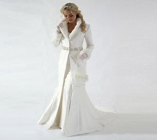 

modern winter bridal cloak jacket long sleeves fur wedding coat cute shawl coat satin faux beaded sash6612383, White