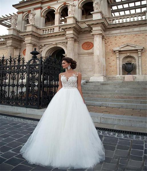 

a line vintage lace appliqued beaded wedding dress scoop neck sleeveless bridal gowns6875787, White