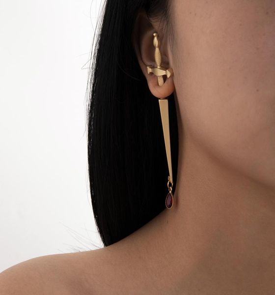 

s2408 europe fashion jewelry single piece long sword stud earring cool hiphop red drop cross earrings1249160, Golden;silver