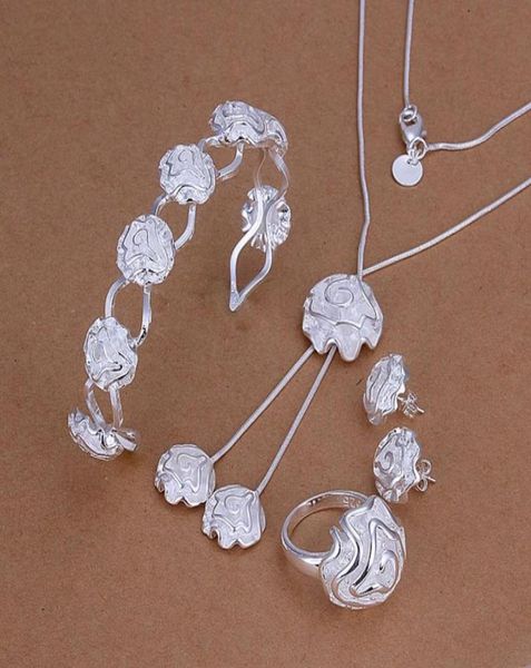 

wedding roses sterling silver plated jewelry set for women es246fashion 925 silver necklace bracelet earring ring set3223494, Black