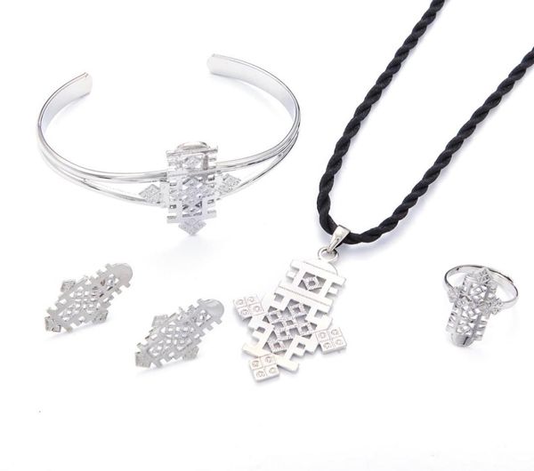 

bright silver color ethiopian cross pendant necklaces bangle and earrings for women african religious jewelry set9699854, Black