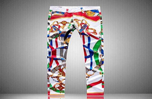 

mens irregular painted graffiti print design jeans straight long pencil pants man teenager white streetwear sim biker denim pant1394756, Blue