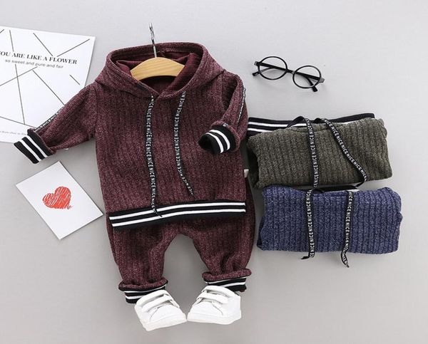 

toddler kids baby boys hooded warm knit solid clothes set crochet sweater long pants boutique tracksuit clothing outfits set y20065074357, White