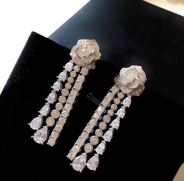 

fashion jewelry 925 sterling earrings white crystal tassel design rose flower earrings fashion party women jewelry2991592, Golden;silver