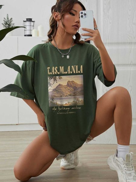 

women's fashion t-shirt mountain slogan graphic shoulder, White
