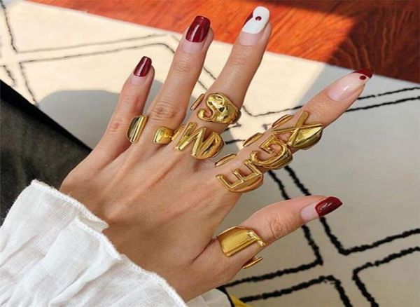 

hollow az letter gold color metal adjustable opening ring initials name alphabet female party chunky wide trendy jewelry t5986446072, Silver