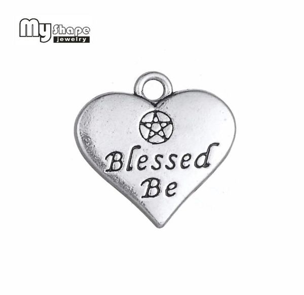 

my shape 20pcs heart charm double side letter blessed be wicca pentacle pentagram pendant for jewelry making antique silver tone4347957, Bronze;silver