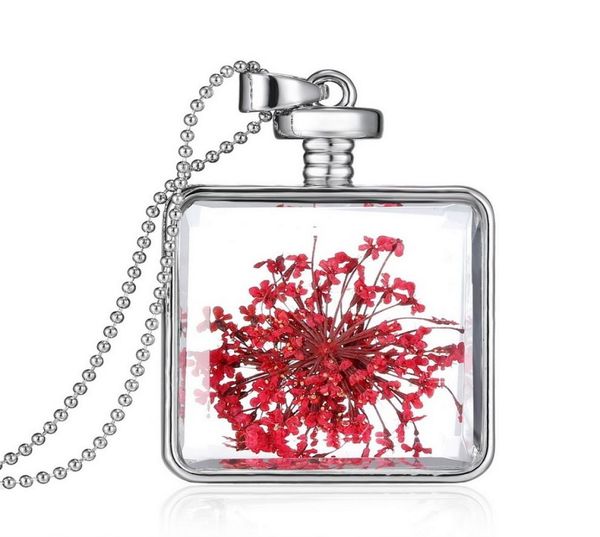 

silver square dry flower dried flowers locket necklace pendants natural plant red dried flowers necklaces for women jewelry4981532