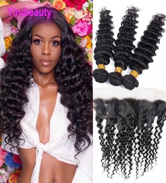 

malaysian virgin hair deep wave 3 bundles with 13x4 lace frontal baby hairs natural color 100 human hair whole6857632, Black;brown