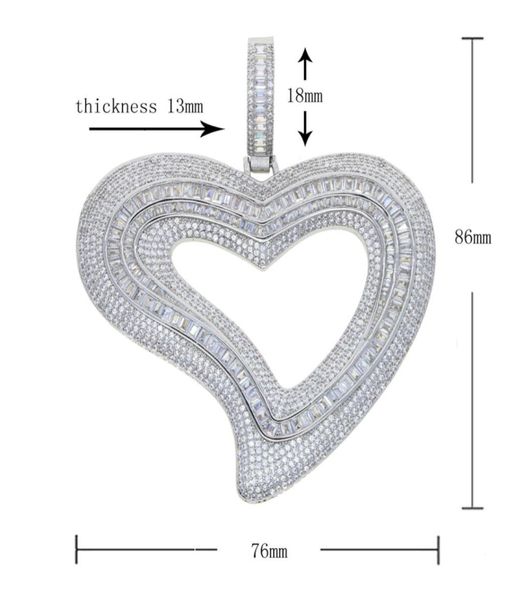 

iced out bling 5a cz big hollow heart pendant necklace micro pave baguette cubic zirconia tennis chain hiphop women men jewelry9780051, Silver