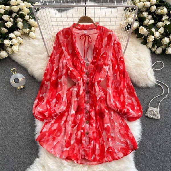 

lightly mature retro printed dress for women autumn style puff sleeve wooden ear collar lace up fitted waist shirt, Black;gray