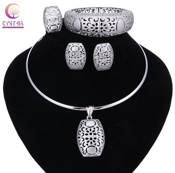 

nigerian wedding african beads jewelry sets silver color women necklaces party fashion flowers hollow jewellery accessories9696103, Black
