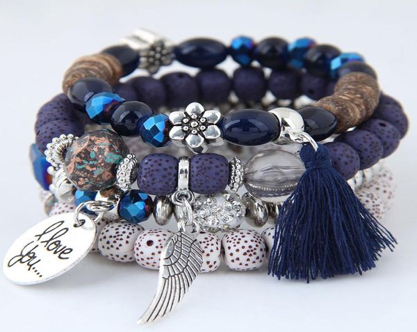 

4pcsset bracelet fashion multilayer crystal beads leave tassel bracelets bangles pulseras mujer jewelry for women gift7481204, Golden;silver