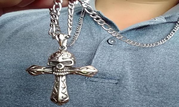 

sturdy 27g gothic style punk retro skull cross pendant figaro chain stainless steel charm ship 254l7278269, Silver