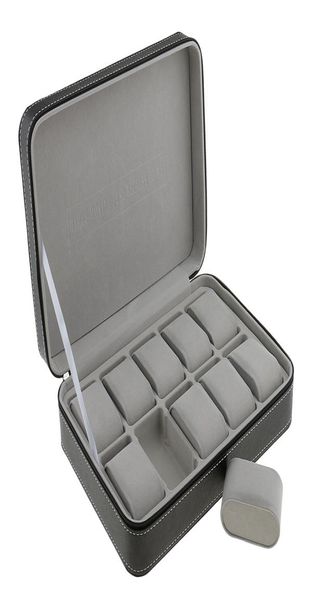 

phenovo watch case for 10 slots travel briefcase design leather large compartments with zipper closure jewelry packaging display8713395, Black