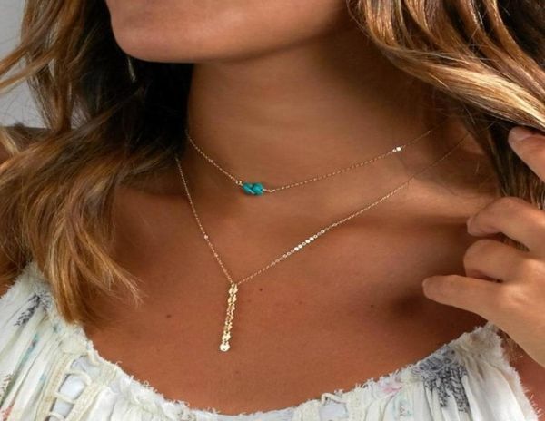 

chain choker necklaces beading turquoise charm 2 layered gold silver filled double layer chokers gift idea womens pendant necklac6918887, Golden;silver