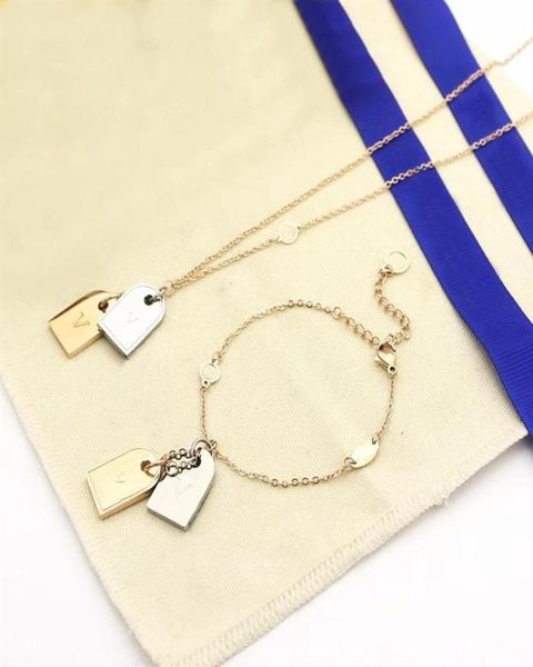 

fashion necklace bracelet jewelry sets man lady women metal engraved initials double square pendant nanogram tag necklace bracelet9854233, Silver