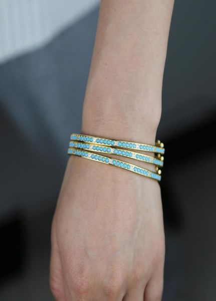 

new fashion women hand bracelet jewelry gold color sparking clear cz blue turquoises stone bangle bracelets for women whole5480410, Golden;silver