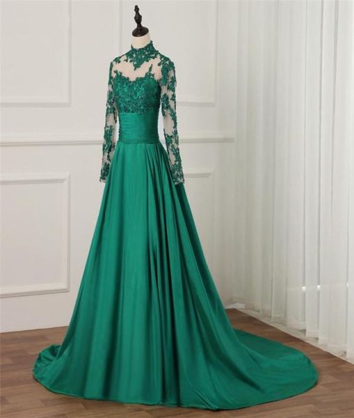 

emerald green long evening dress high neck sleeves appliques lace beaded women formal pageant gown for prom party2505373, Black;red
