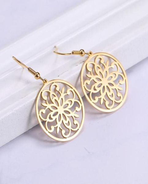 

dangle chandelier lucktune retro flower drop earrings filigree stainless steel round hoop for women gift fashion jewelry accesso5219096, Silver