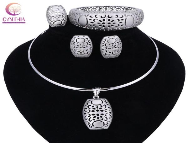

nigerian wedding african beads jewelry sets silver color women necklaces party fashion flowers hollow jewellery accessories3363997, Black