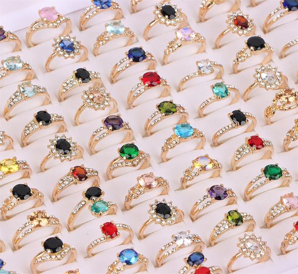 

50pcslot fashion sparkling zircon alloy rings for women gold color engagement wedding jewerly colorful party gift whole4721603, Golden;silver