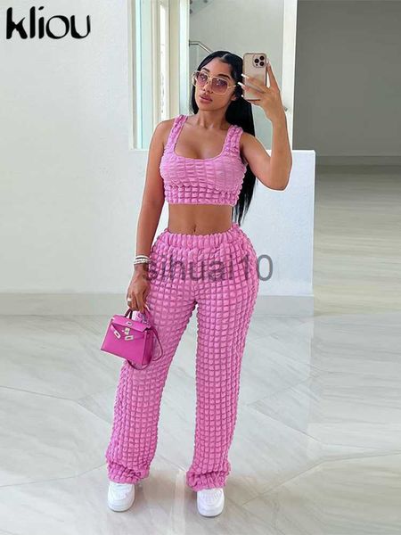 

women's two piece pants kliou solid stacked two piece set women casual square collar slim camisole+ loose high waist straight pants lad, White