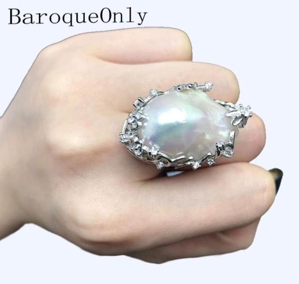 

baroqueonly natural freshwater pearl 925 silver ring huge size high gloss baroque irregular pearl ring women gifts ra j190721485583882860, Slivery;golden