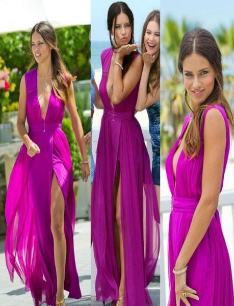 

celebrity beach party prom dresses a line pluge vneck sleeveless side split chiffon evening dresses custom made floor length4631104, Black