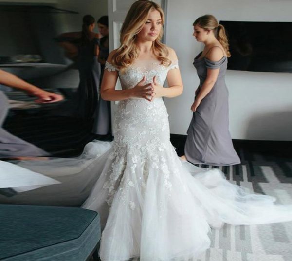

2019 white lace offtheshoulder wedding dress sheer neck applique sweep train zipper back mermaid bridal gown8585540