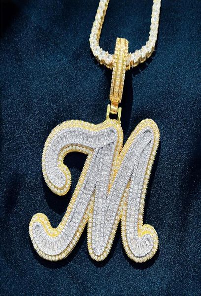 

custom az cut full real icy baguette cursive letters pendant necklace gold silver cubic zirconia men women with 24inch rope chain7311019