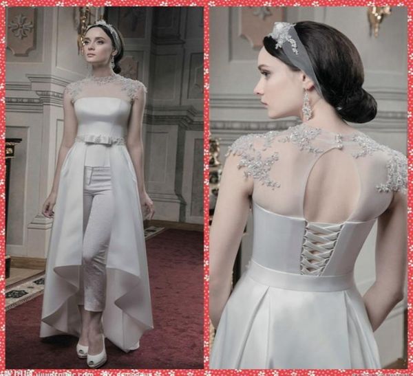 

2017 new style tulle high collar beaded sequins sleeveless pantsuit satin wedding gowns keyhole bandage back bridal gowns detachab4441401, White