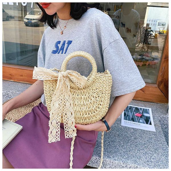 

yogodlns new half round straw bags for women summer beach rattan bag handmade woven half moon crossbody handbags bohemia e9h3, Black