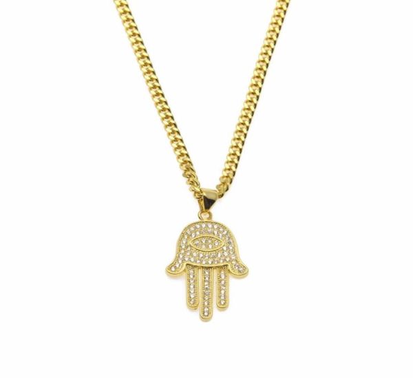 

pendant necklaces gold silver fatima hamsa hand bling cz iced out charm cuban chain for women mens hip hop jewelry4693739