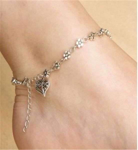 

european and american retro silver tibetan silver hollow plum flower foot ornaments heart heart anklet bracelet bracelet explosion7759015, Red;blue