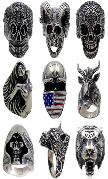 

5pcslot vintage gothic wolf head ring men skull ring punk jewelry accessories demon satan goat skull ring6058381, Golden;silver