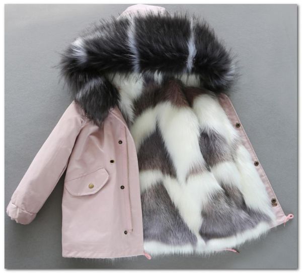 

fashion kids faux fur coat winter boys girls contrast color rabbit fur trench coat children thicken warm hooded long sleeve overco5054443, Blue;gray