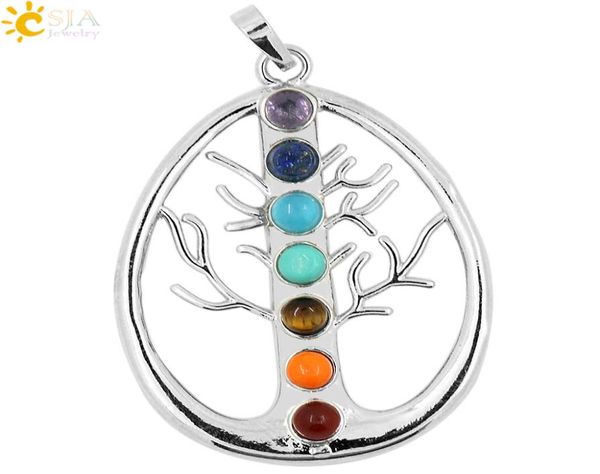 

csja 2pcs health yoga jewelry necklace pendant 7 chakra stone rock beads wisdom tree of life women men positive energy pendant cha1413797, Silver