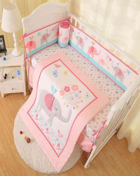 

new arrival 7pcs newborn crib bedding set elephant baby bedding set for girl baby bed sets cuna quilt bumper bed skirt fitted1394235