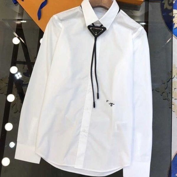 

mens casual shirt designer blouse fashion letter embroidery triangle logo leather tie shirt lapel long sleeved shirts cardigan coat, White;black