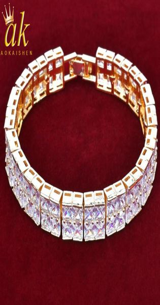 

2 rows baguette zircon tennis chain bracelet gold color copper men039s charms hip hop fashion jewelry2749338, Golden;silver