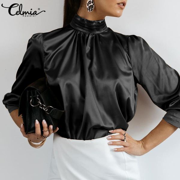 

women's tshirt fashion women blouses celmia elegant satin silk tunics party solid high collar shirt autumn lantern sleeve blusas 7 230, White