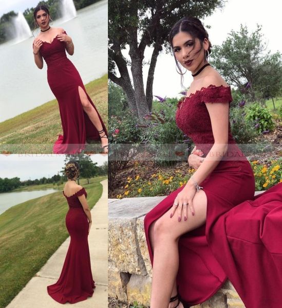 

2k19 burgundy mermaid bridesmaid dresses side split off shoulder lace garden country wedding guest dress maid of honor 7182213, White;pink