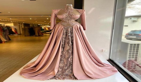 

2021 plus size arabic aso ebi lace beaded prom dresses high neck long sleeves satin evening formal party second reception gowns zj9678841, Black